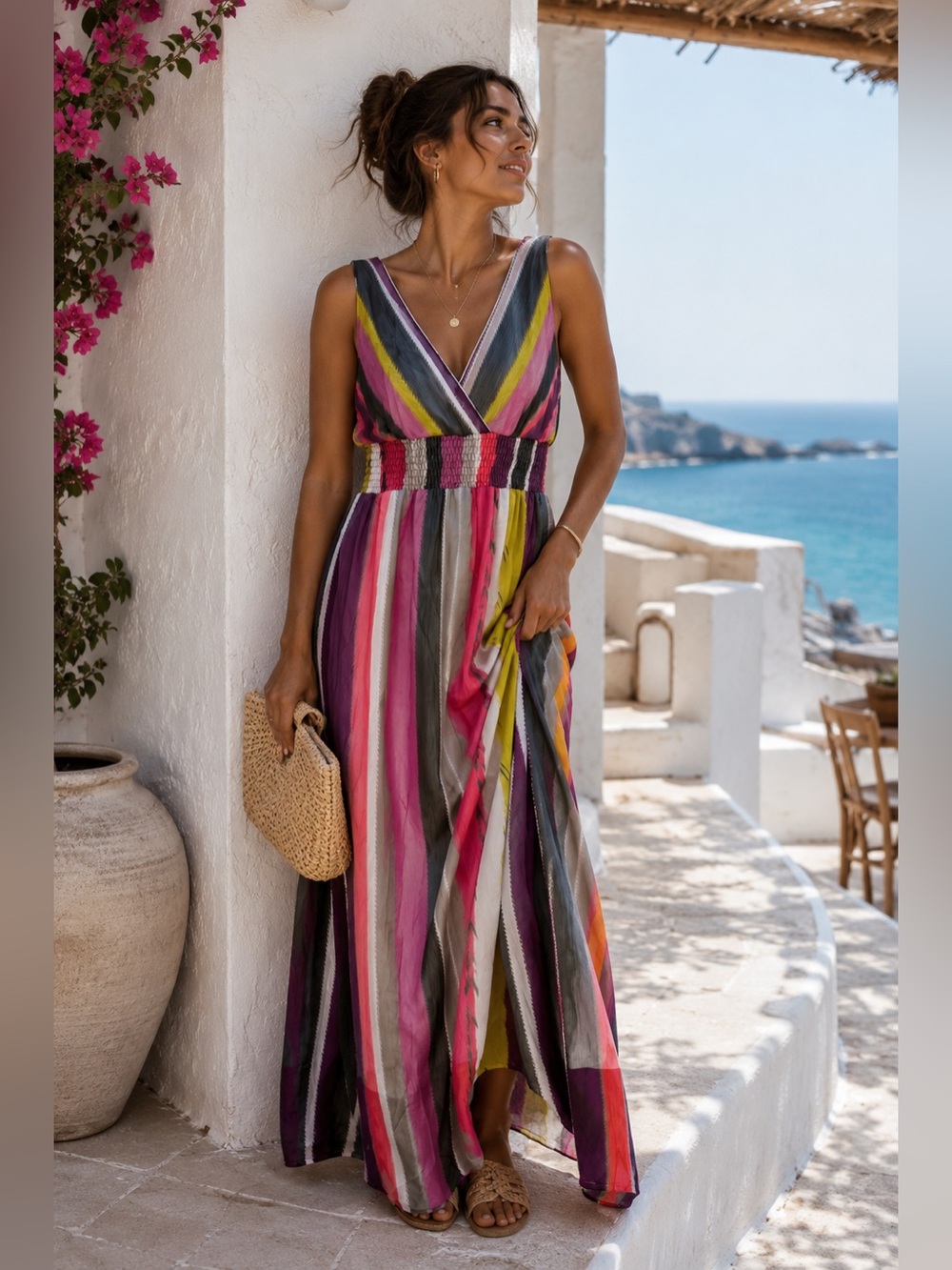 Chaudry KC Multicolor Striped Maxi Dress Empire Waist Sleeveless Size Medium